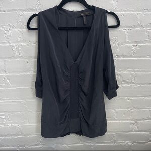 BCBG Max Azria Black Silk V Neck Ruched Front 3/4 Sleeve Blouse Size S